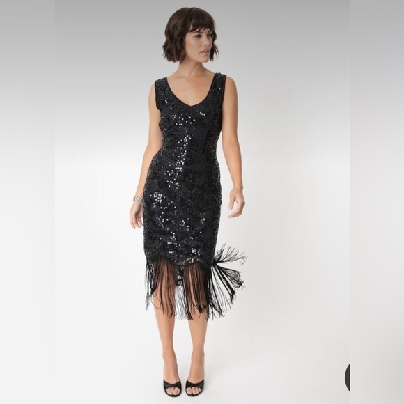 NWT Unique 1920s Style Black Beaded & Sequin Adalene Cocktail Flapper Dress XL - Picture 1 of 9